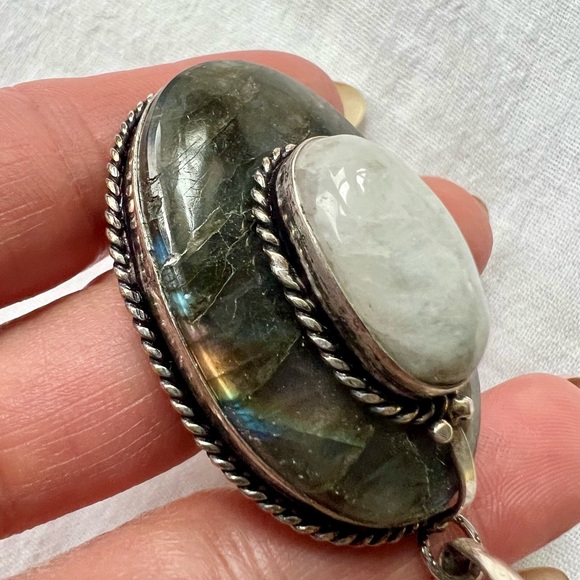925 Power DUO! Rainbow Flash Moonstone + Labradorite Layered Necklace Pendant - Picture 6 of 11